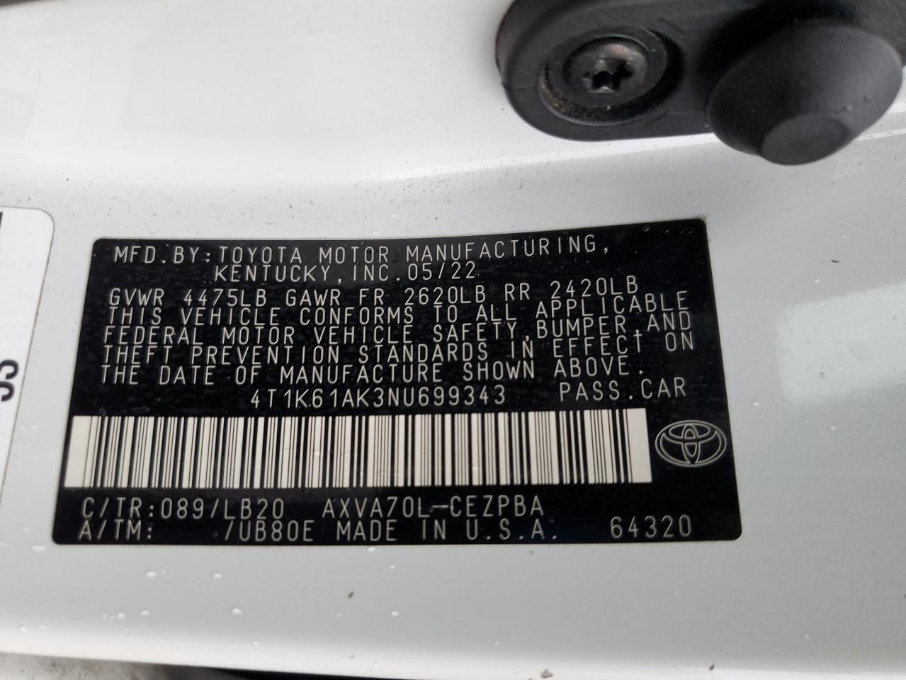 2022 TOYOTA CAMRY XSE VIN:4T1K61AK3NU699343
