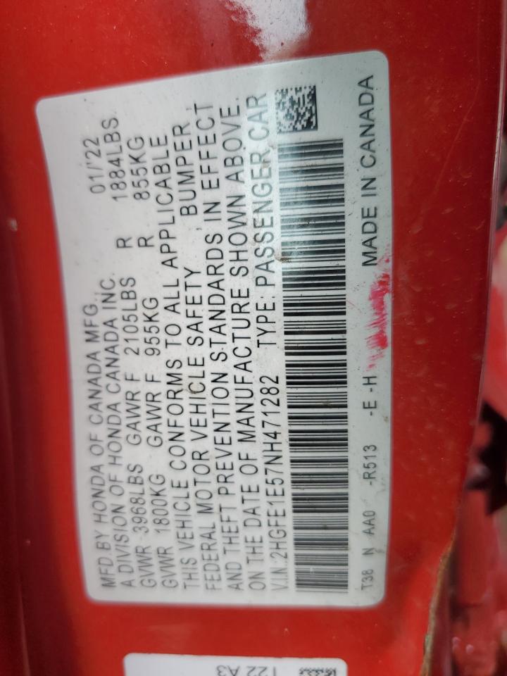 2022 HONDA CIVIC SI VIN:2HGFE1E57NH471282