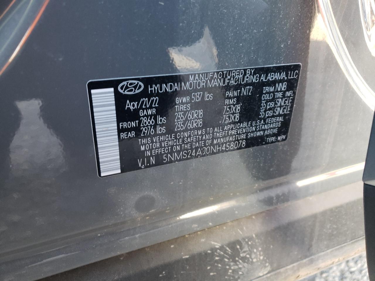 2022 HYUNDAI SANTA FE SEL VIN:5NMS24AJ0NH458078