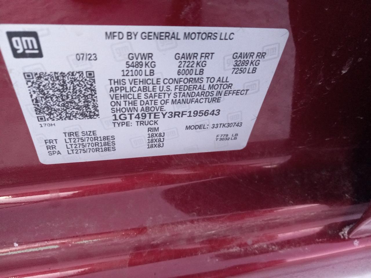 2024 GMC SIERRA K3500 SLE VIN:1GT49TEY3RF195643