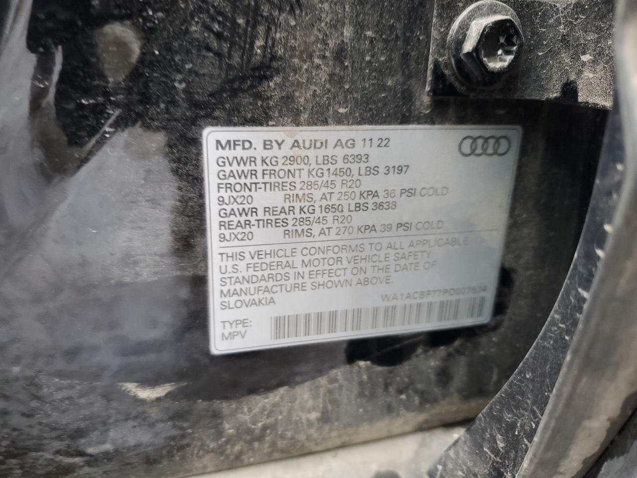2023 AUDI Q7 PREMIUM VIN:WA1ACBF77PD007634