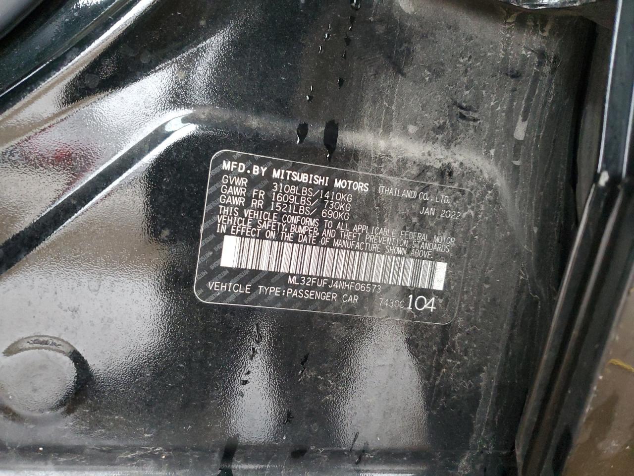 2022 MITSUBISHI MIRAGE G4 ES VIN:ML32FUFJ4NHF06573