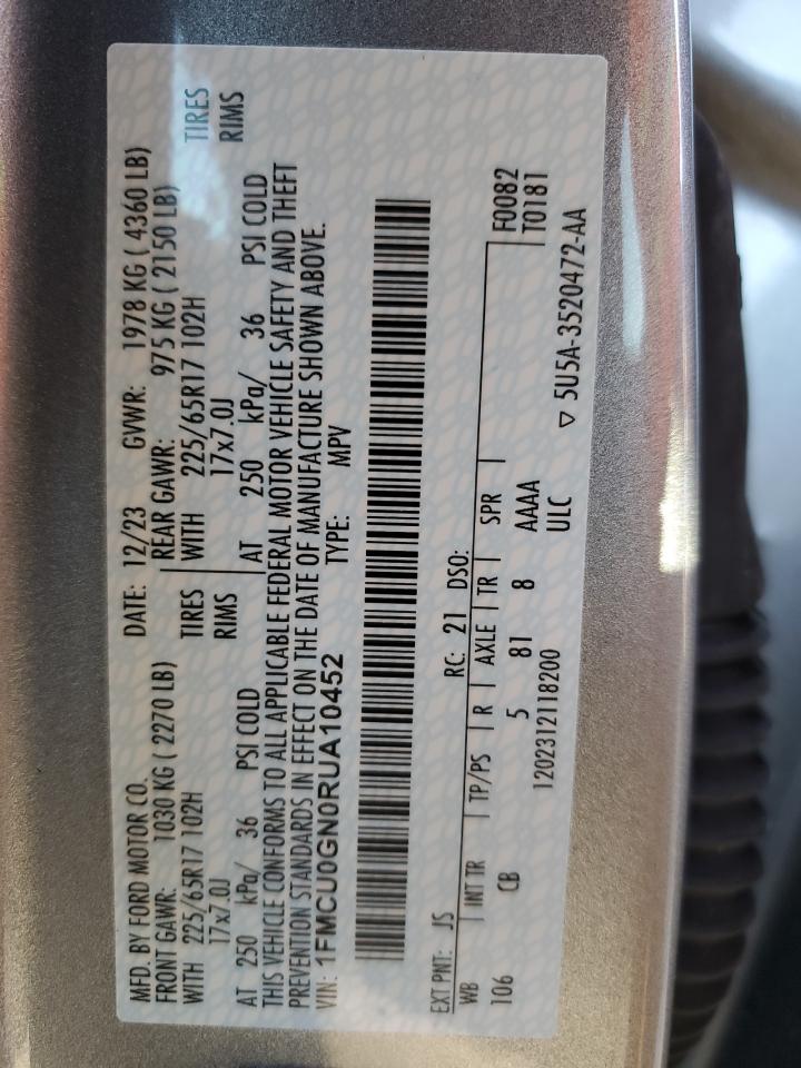 2024 FORD ESCAPE ACTIVE VIN:1FMCU0GN0RUA10452