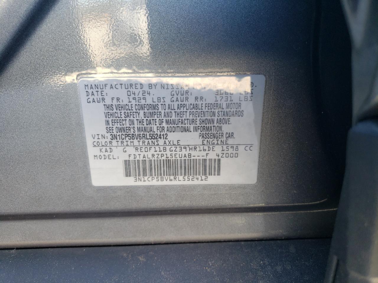 2024 NISSAN KICKS S VIN:3N1CP5BV6RL552412