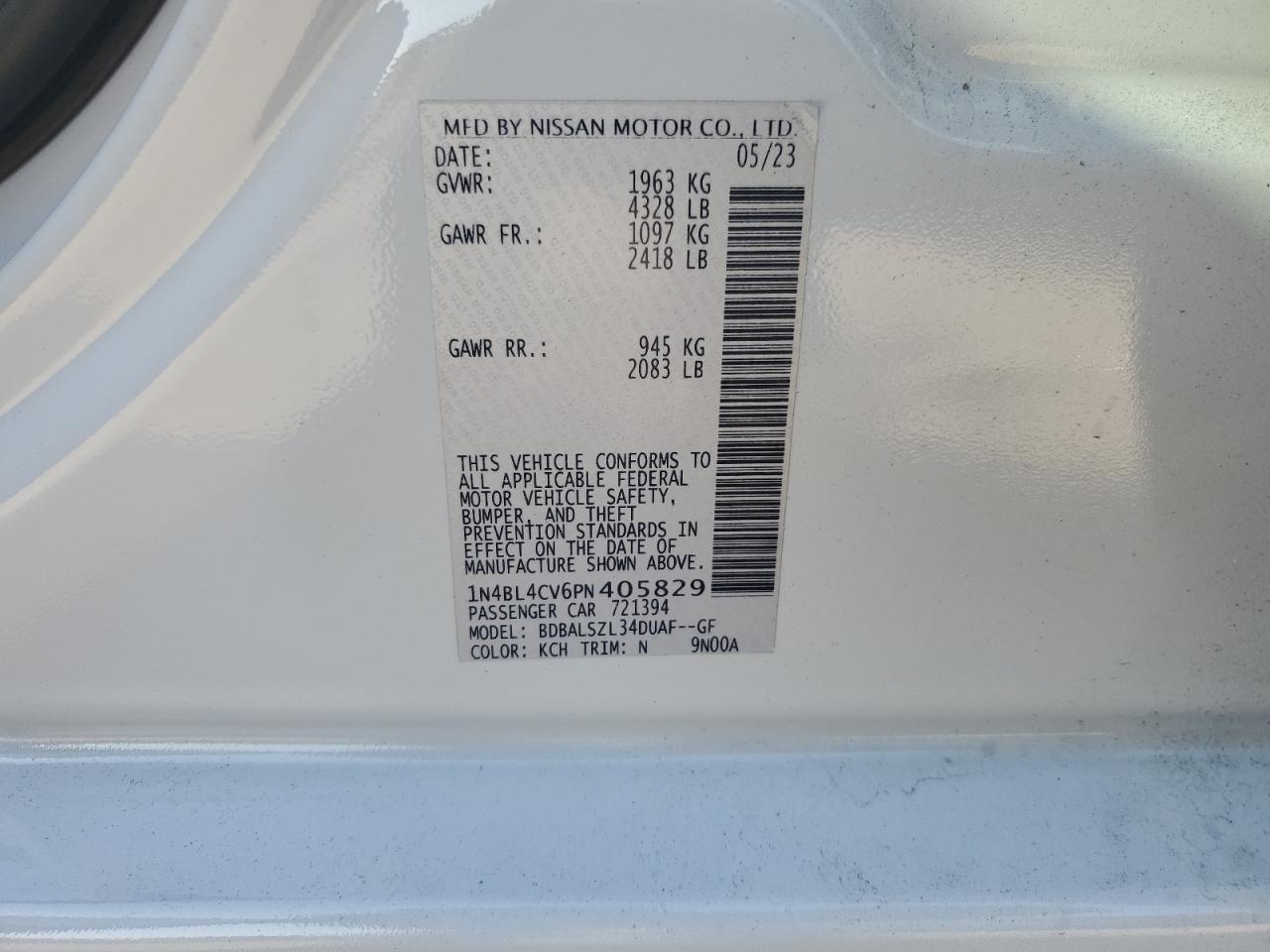 2023 NISSAN ALTIMA SR VIN:1N4BL4CV6PN405829