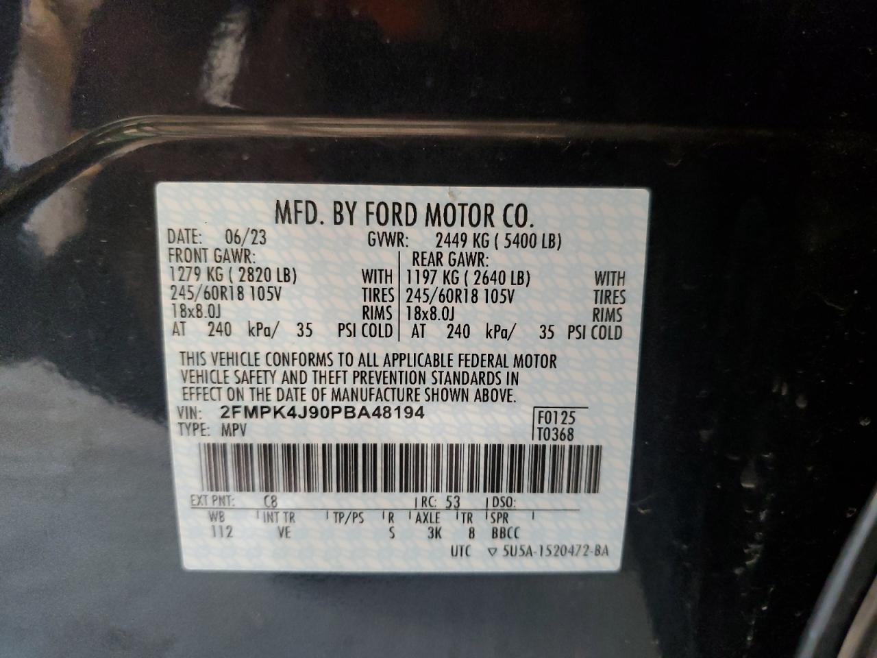2023 FORD EDGE SEL VIN:2FMPK4J90PBA48194