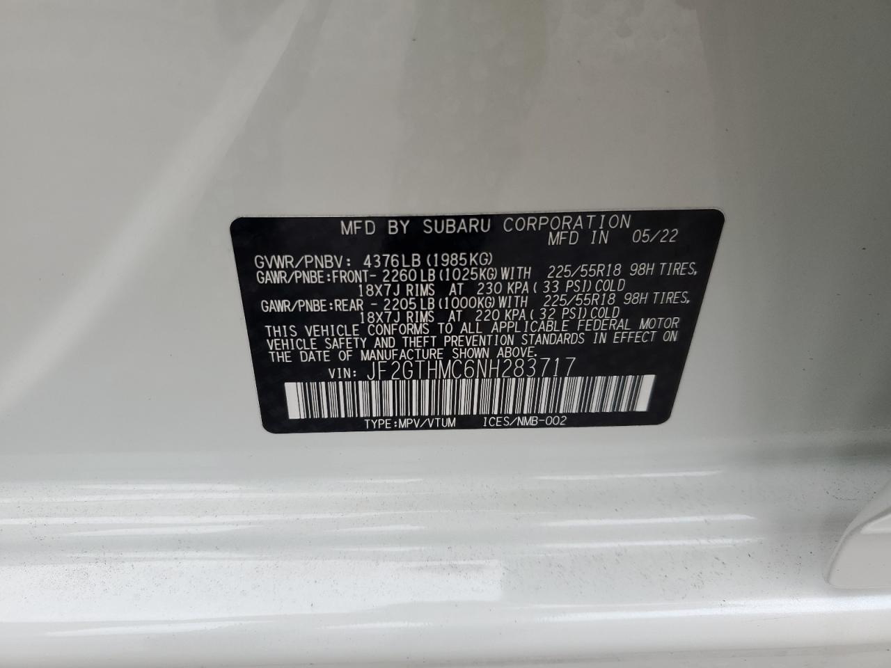 2022 SUBARU CROSSTREK LIMITED VIN:JF2GTHMC6NH283717