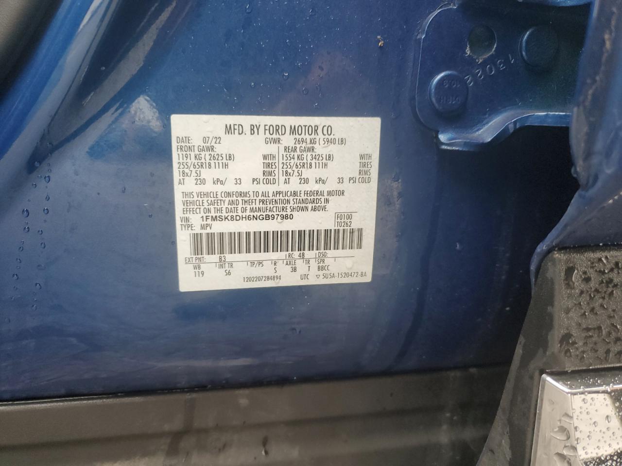 2022 FORD EXPLORER XLT VIN:1FMSK8DH6NGB97980