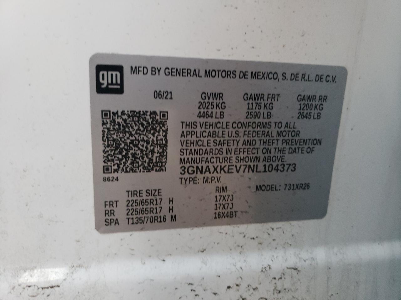 2022 CHEVROLET EQUINOX LT VIN:3GNAXKEV7NL104373