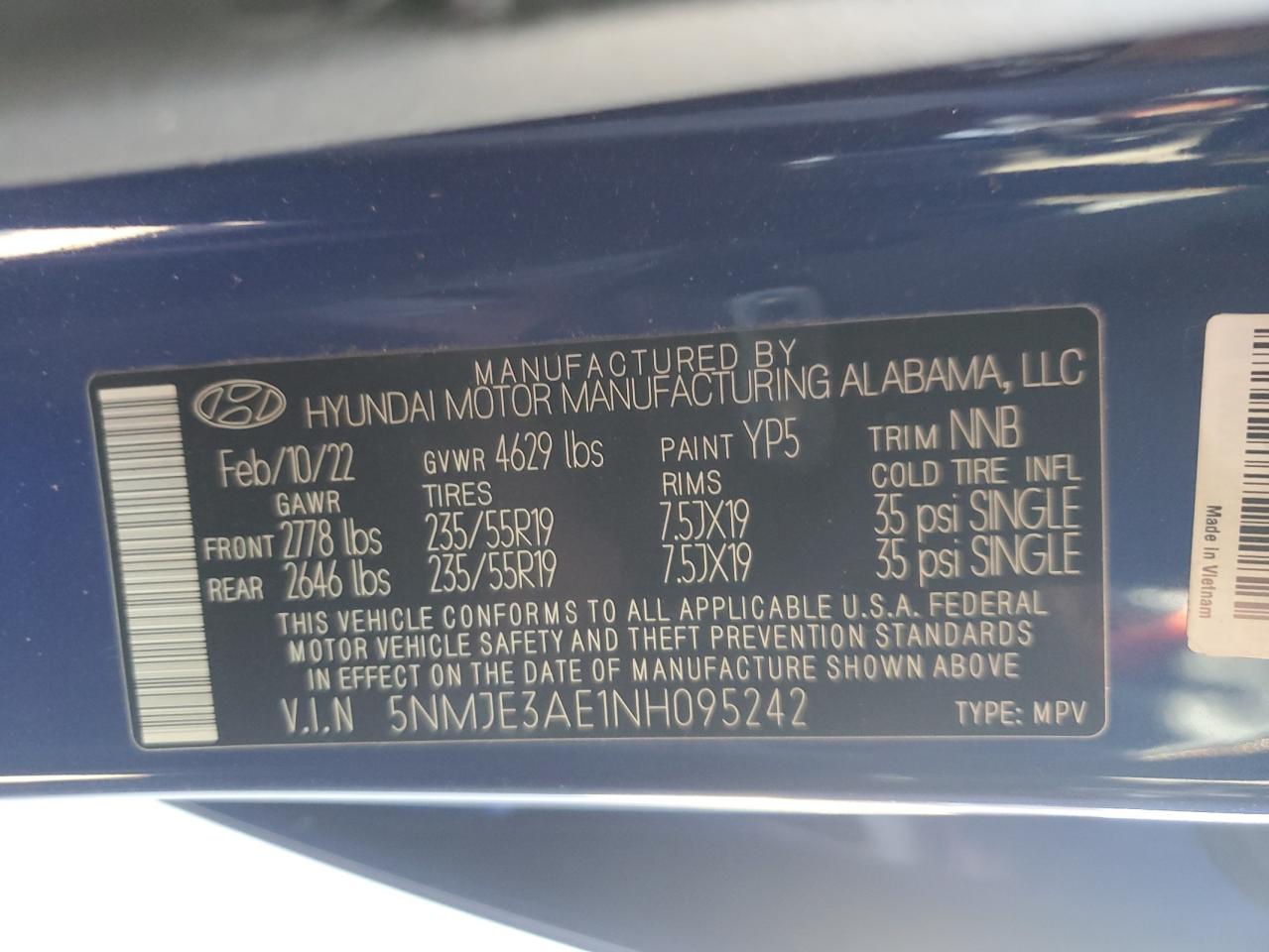 2022 HYUNDAI TUCSON LIMITED VIN:5NMJE3AE1NH095242