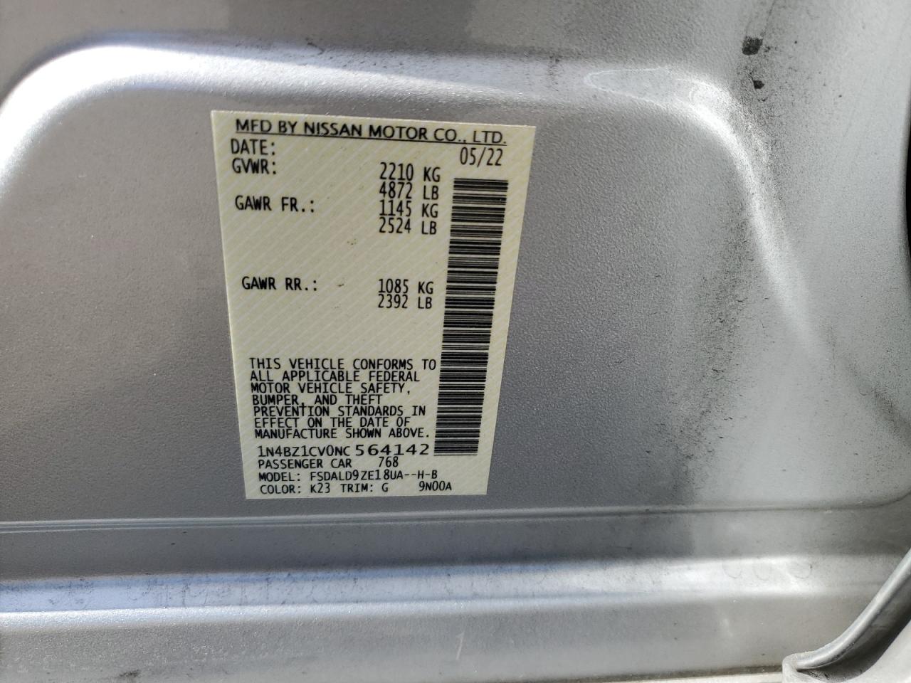 2022 NISSAN LEAF SV PLUS VIN:1N4BZ1CV0NC564142