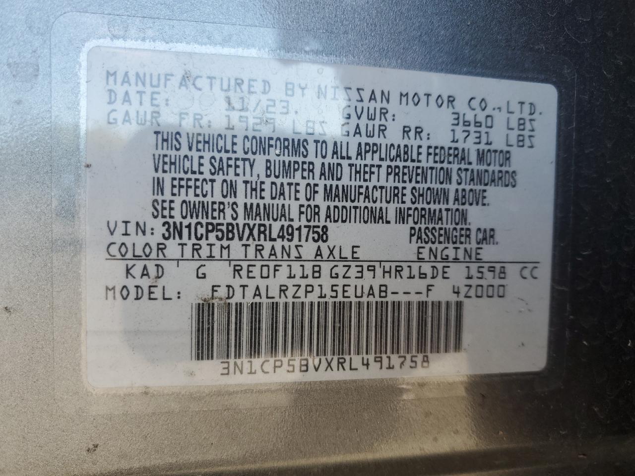 2024 NISSAN KICKS S VIN:3N1CP5BVXRL491758