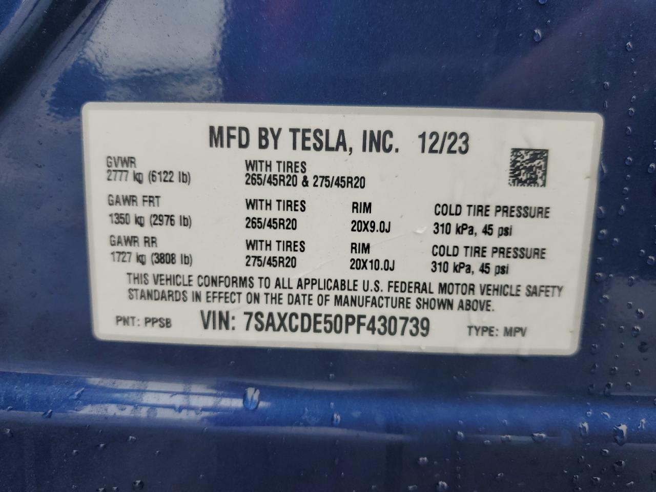 2023 TESLA MODEL X  VIN:7SAXCDE50PF430739