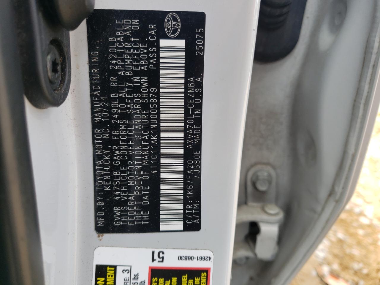 2022 TOYOTA CAMRY LE VIN:4T1C11AK1NU005879