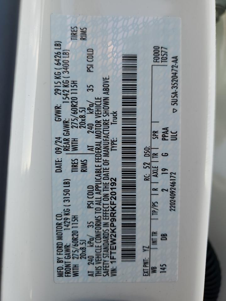 2024 FORD F150 STX VIN:1FTEW2KP9RKF20192