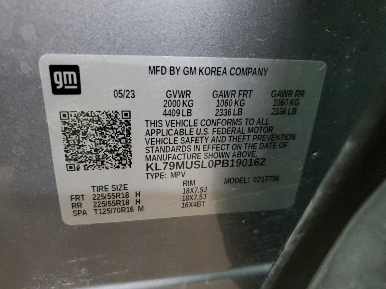 2023 CHEVROLET TRAILBLAZER RS VIN:KL79MUSL0PB190162