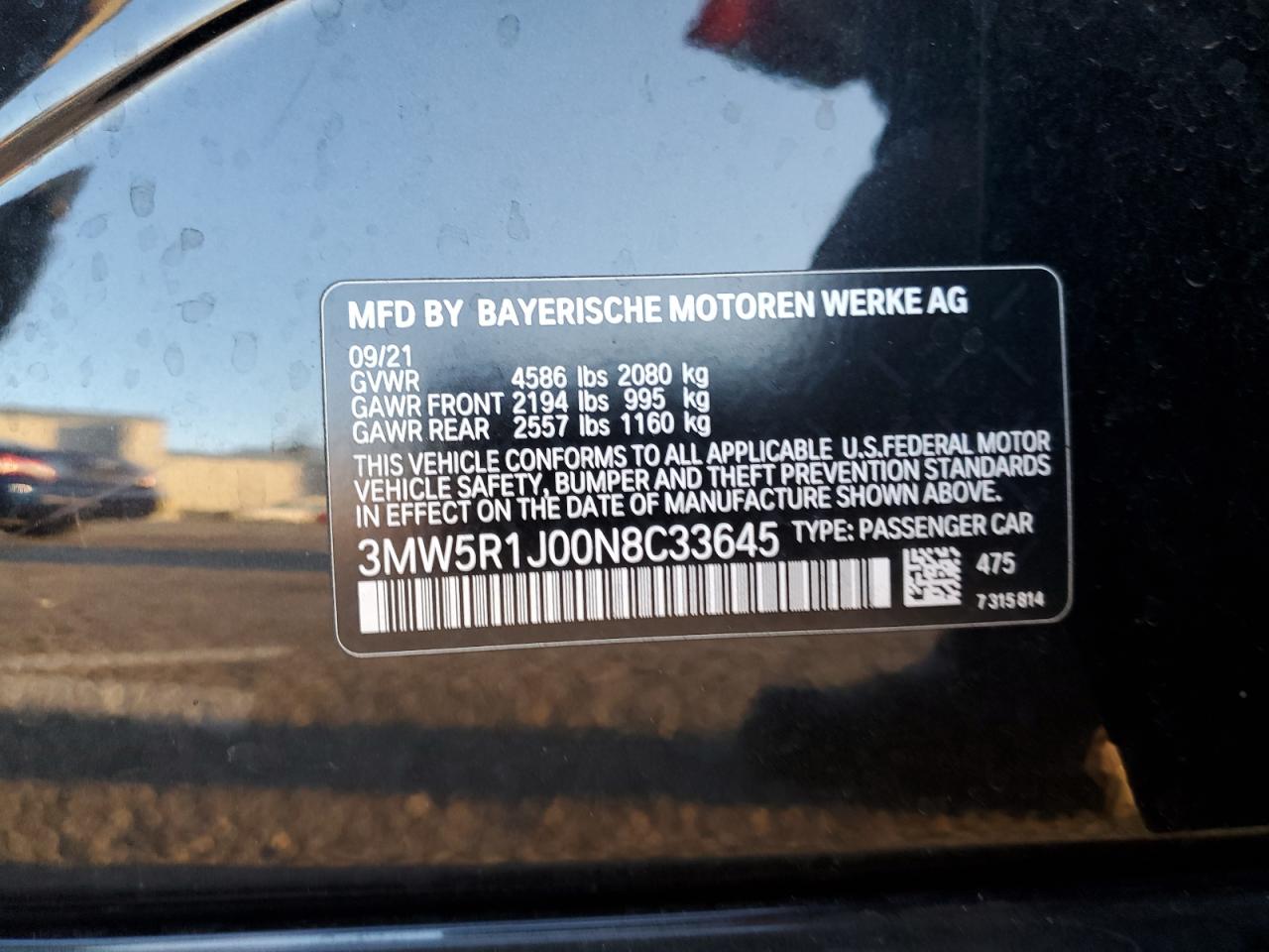 2022 BMW 330I  VIN:3MW5R1J00N8C33645