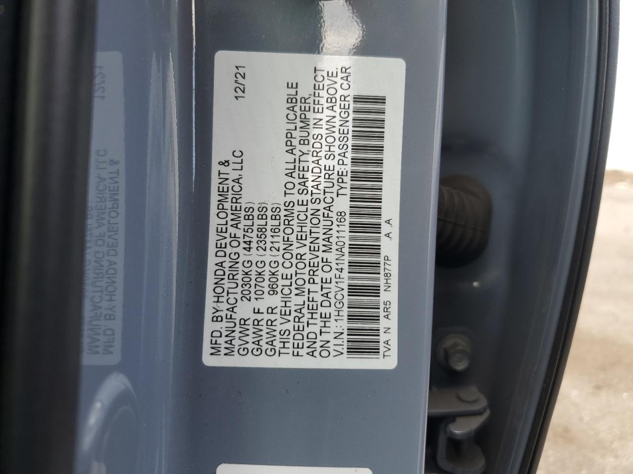 2022 HONDA ACCORD SPORT SE VIN:1HGCV1F41NA011168