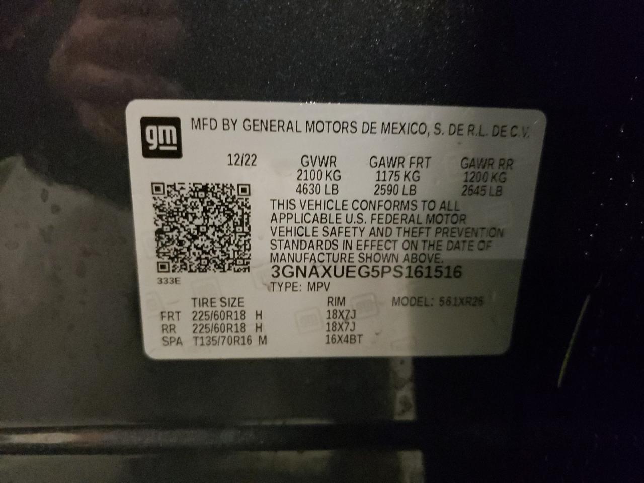 2023 CHEVROLET EQUINOX LT VIN:3GNAXUEG5PS161516