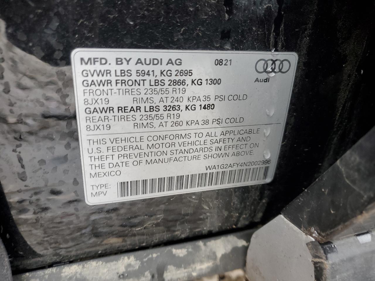 2022 AUDI Q5 E PREMIUM 55 VIN:WA1G2AFY4N2002996