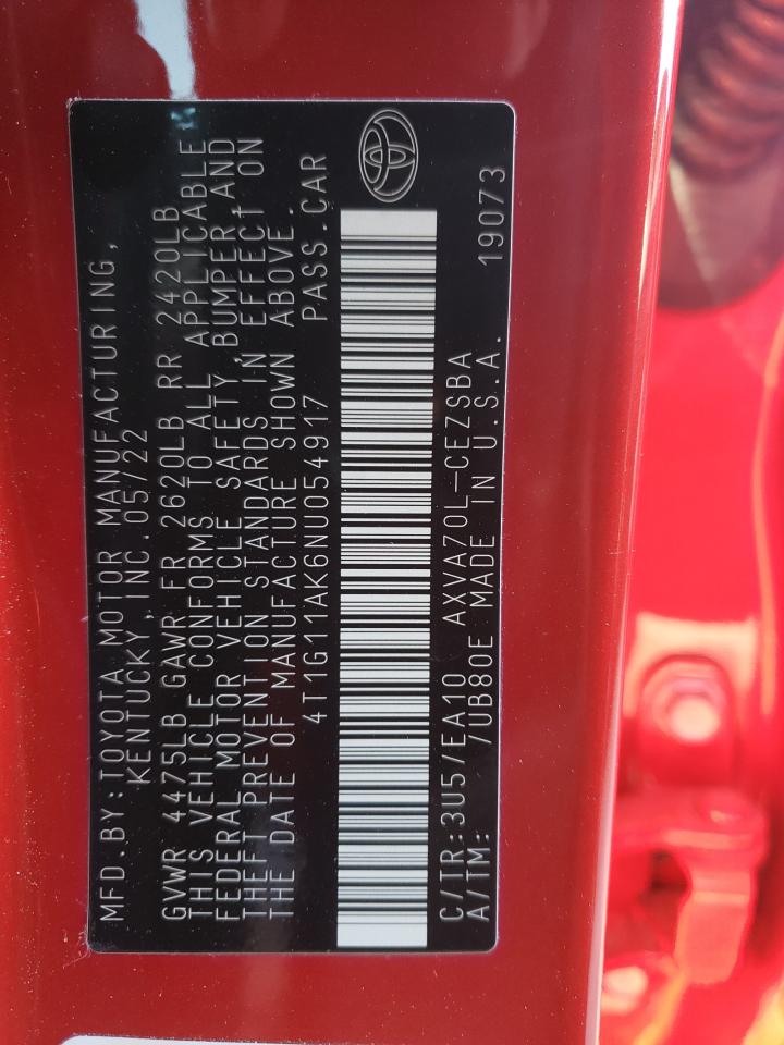 2022 TOYOTA CAMRY SE VIN:4T1G11AK6NU054917