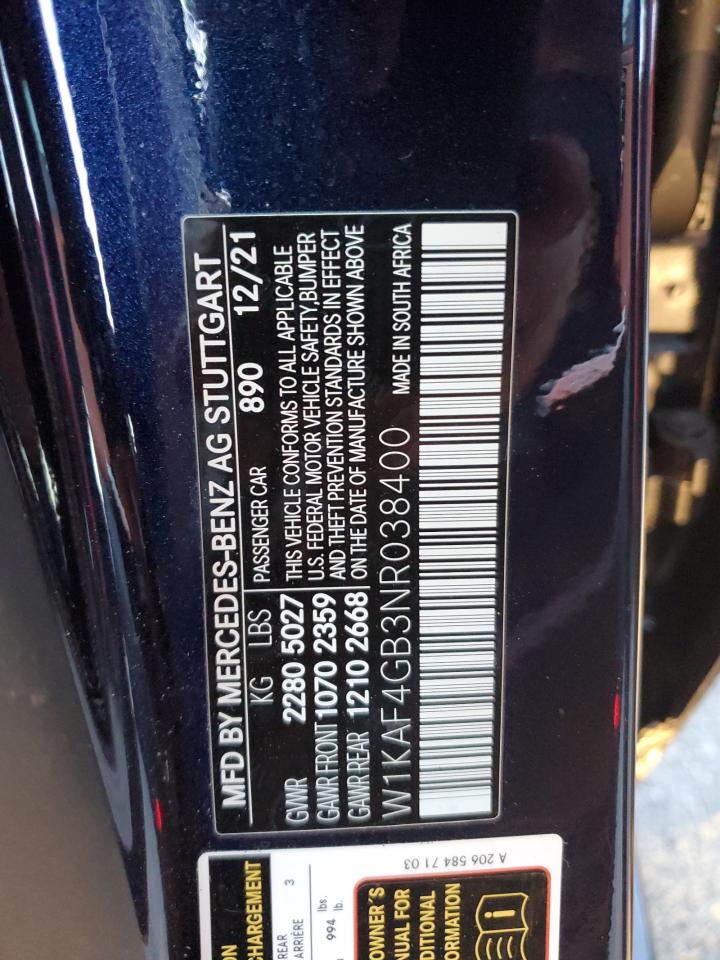 2022 MERCEDES-BENZ C 300 VIN:W1KAF4GB3NR038400