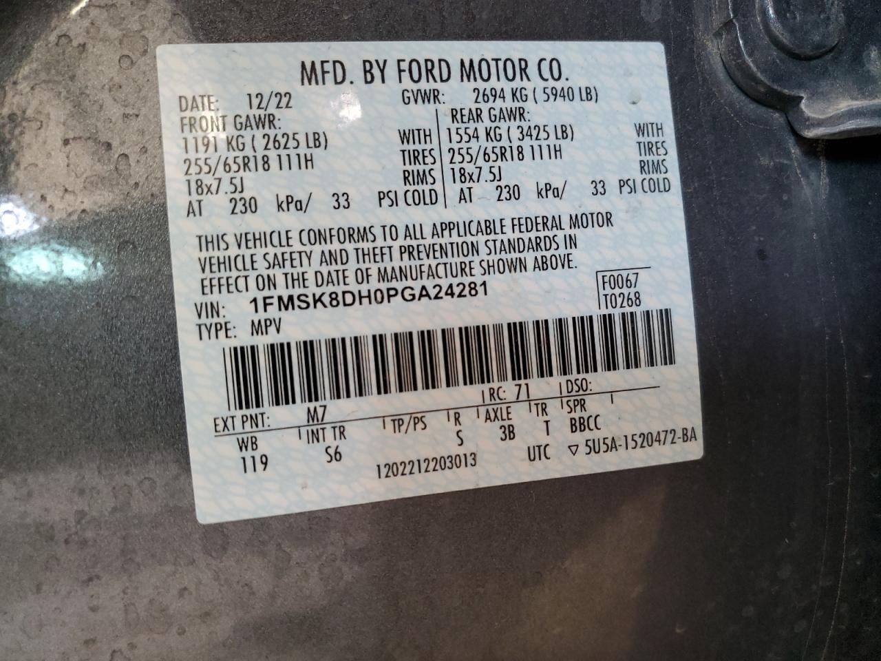 2023 FORD EXPLORER XLT VIN:1FMSK8DH0PGA24281