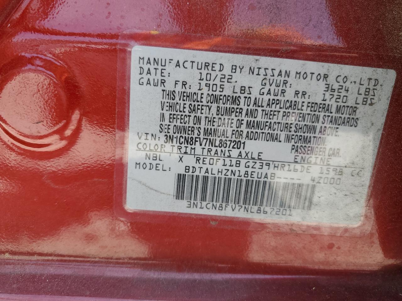 2022 NISSAN VERSA SR VIN:3N1CN8FV7NL867201