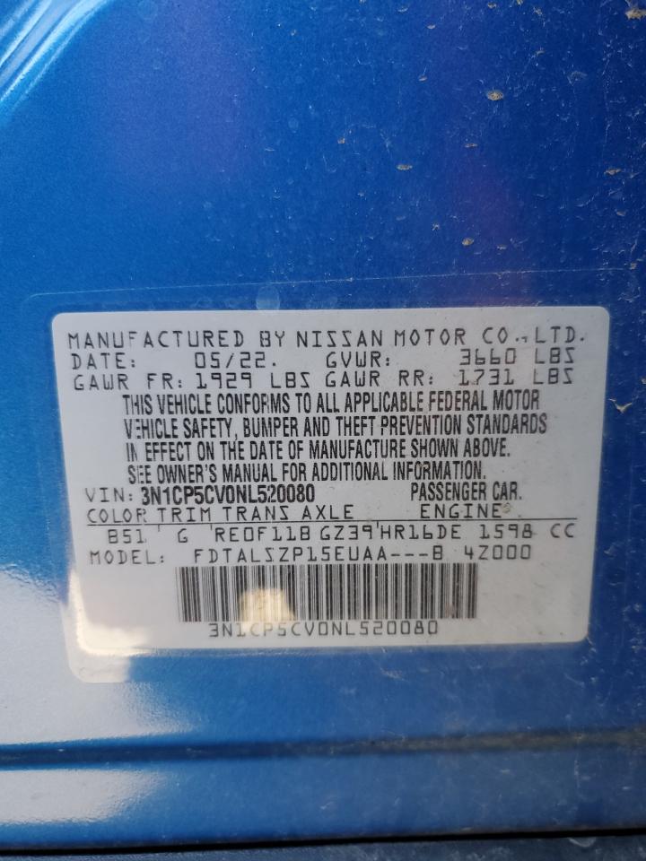 2022 NISSAN KICKS SV VIN:3N1CP5CV0NL520080