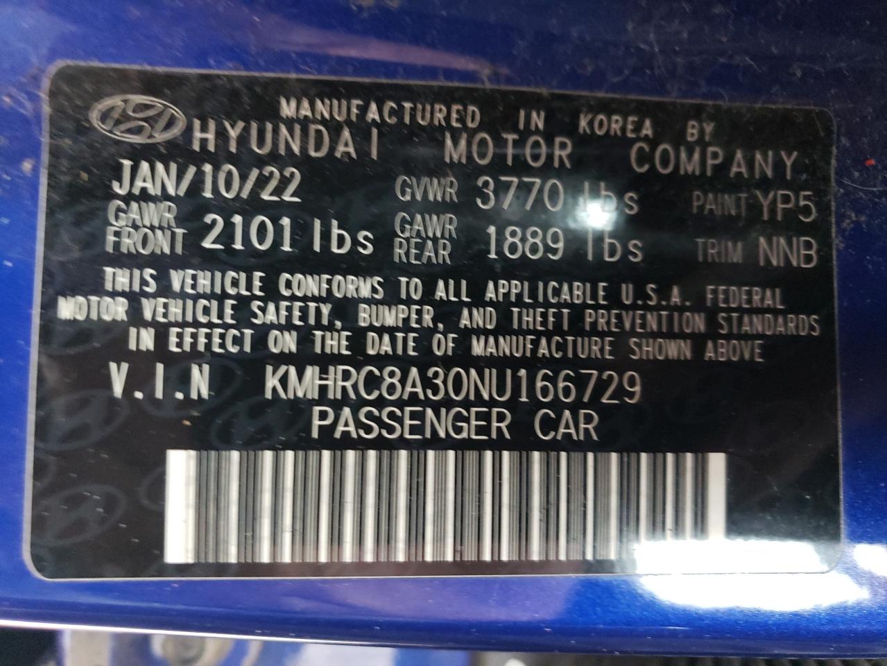 2022 HYUNDAI VENUE SEL VIN:KMHRC8A30NU166729