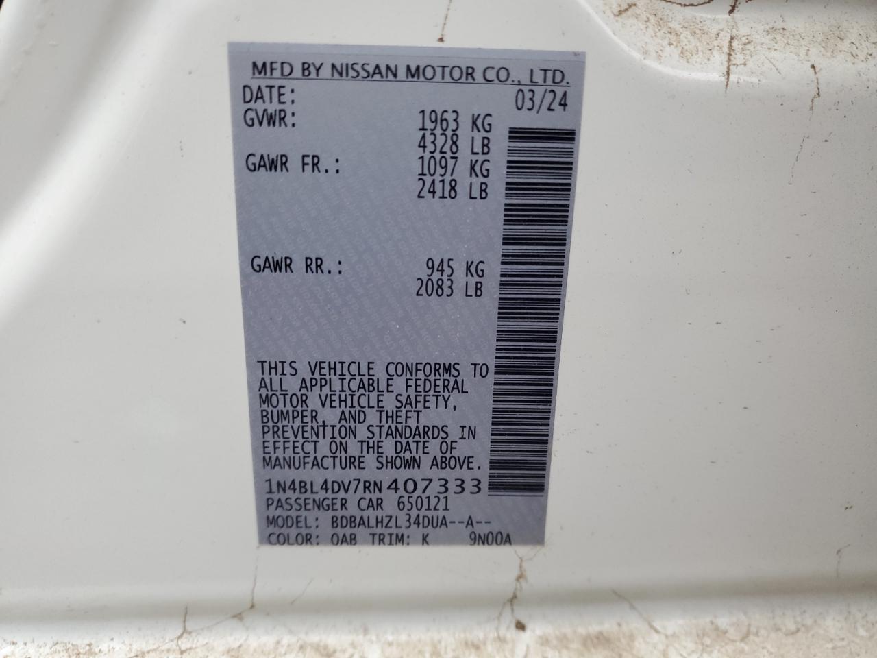 2024 NISSAN ALTIMA SV VIN:1N4BL4DV7RN407333