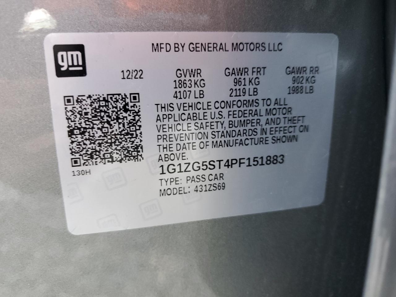 2023 CHEVROLET MALIBU RS VIN:1G1ZG5ST4PF151883