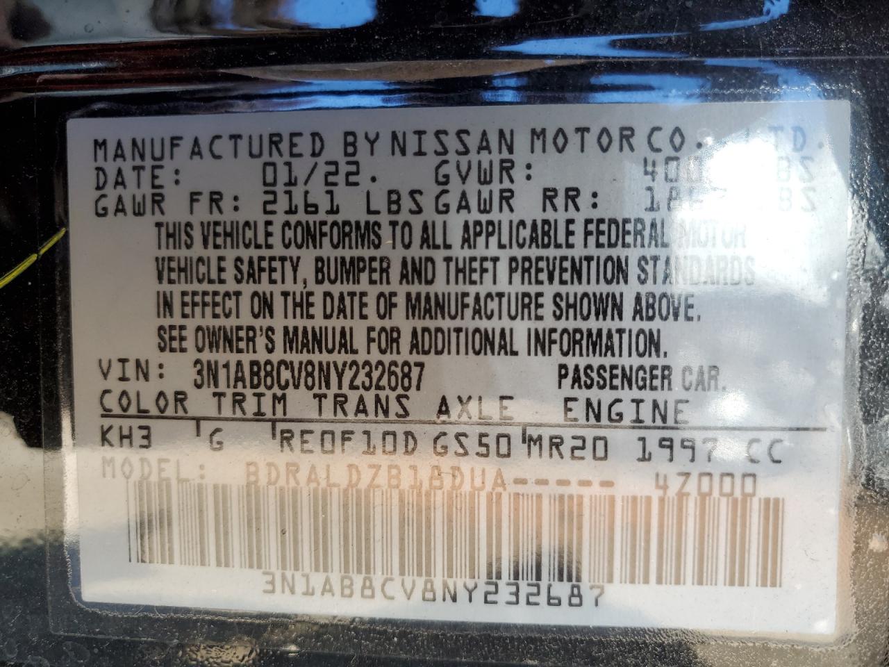 2022 NISSAN SENTRA SV VIN:3N1AB8CV8NY232687