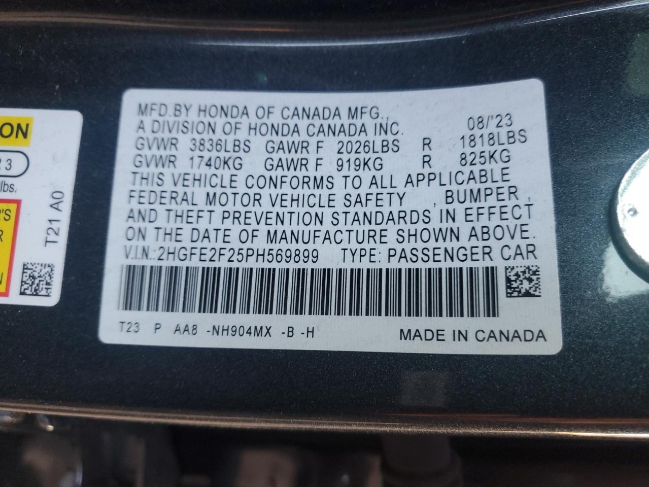 2023 HONDA CIVIC LX VIN:2HGFE2F25PH569899