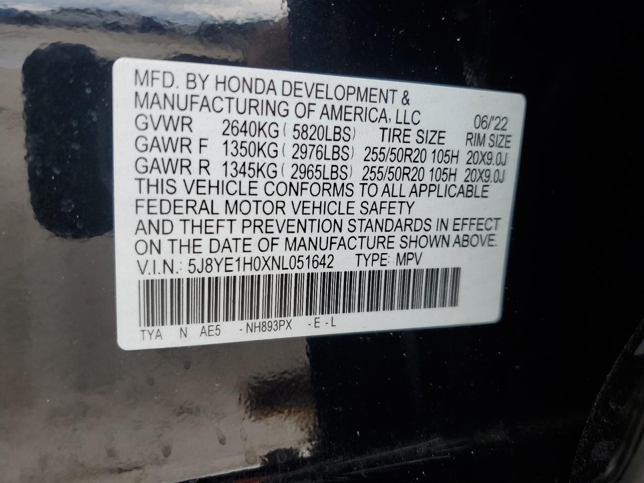 2022 ACURA MDX A-SPEC VIN:5J8YE1H0XNL051642