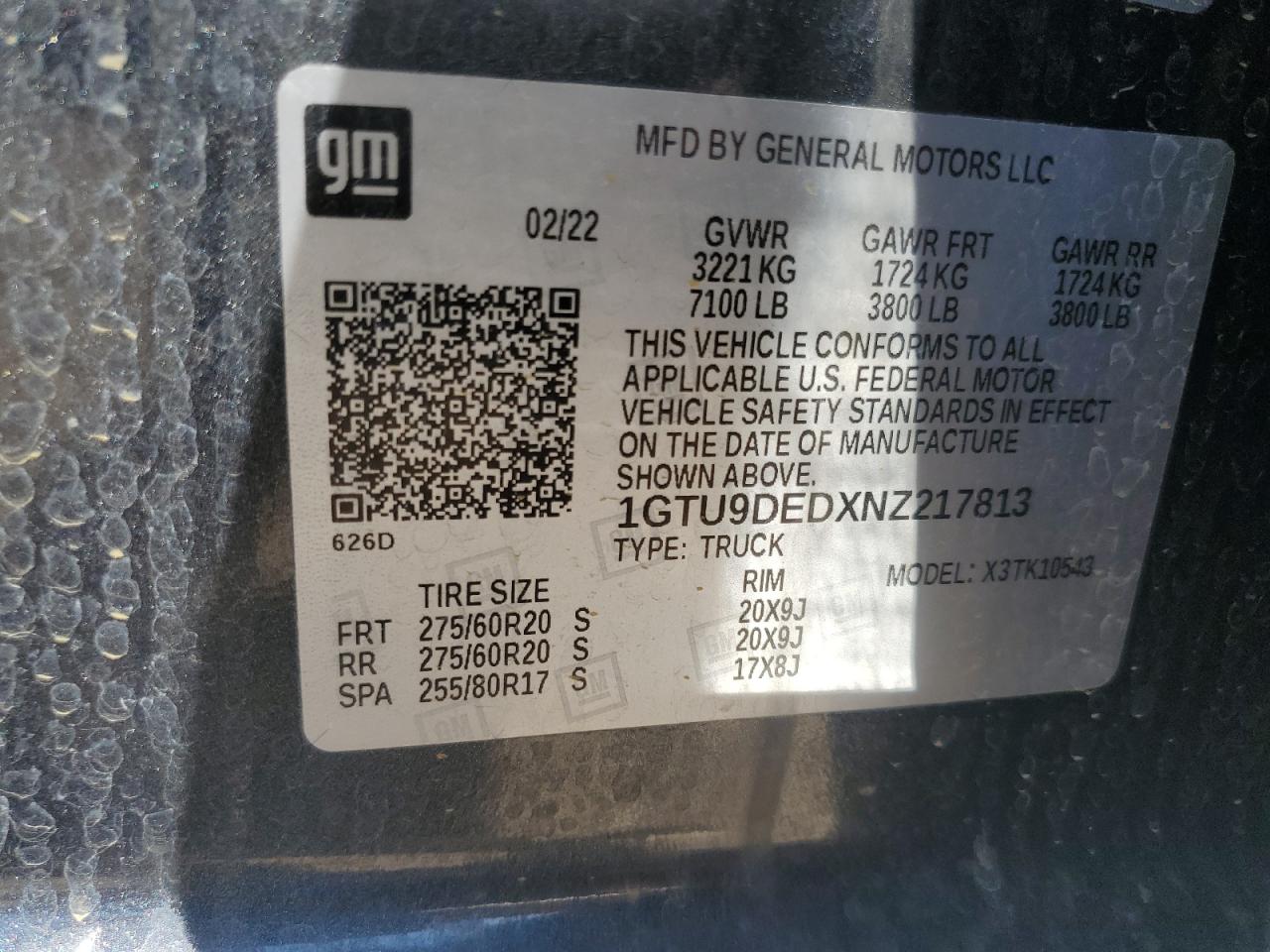 2022 GMC SIERRA LIMITED K1500 SLT VIN:1GTU9DEDXNZ217813