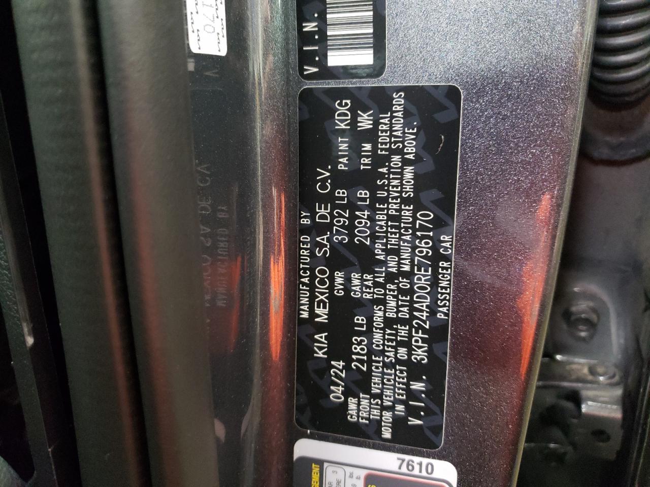 2024 KIA FORTE LX VIN:3KPF24AD0RE796170