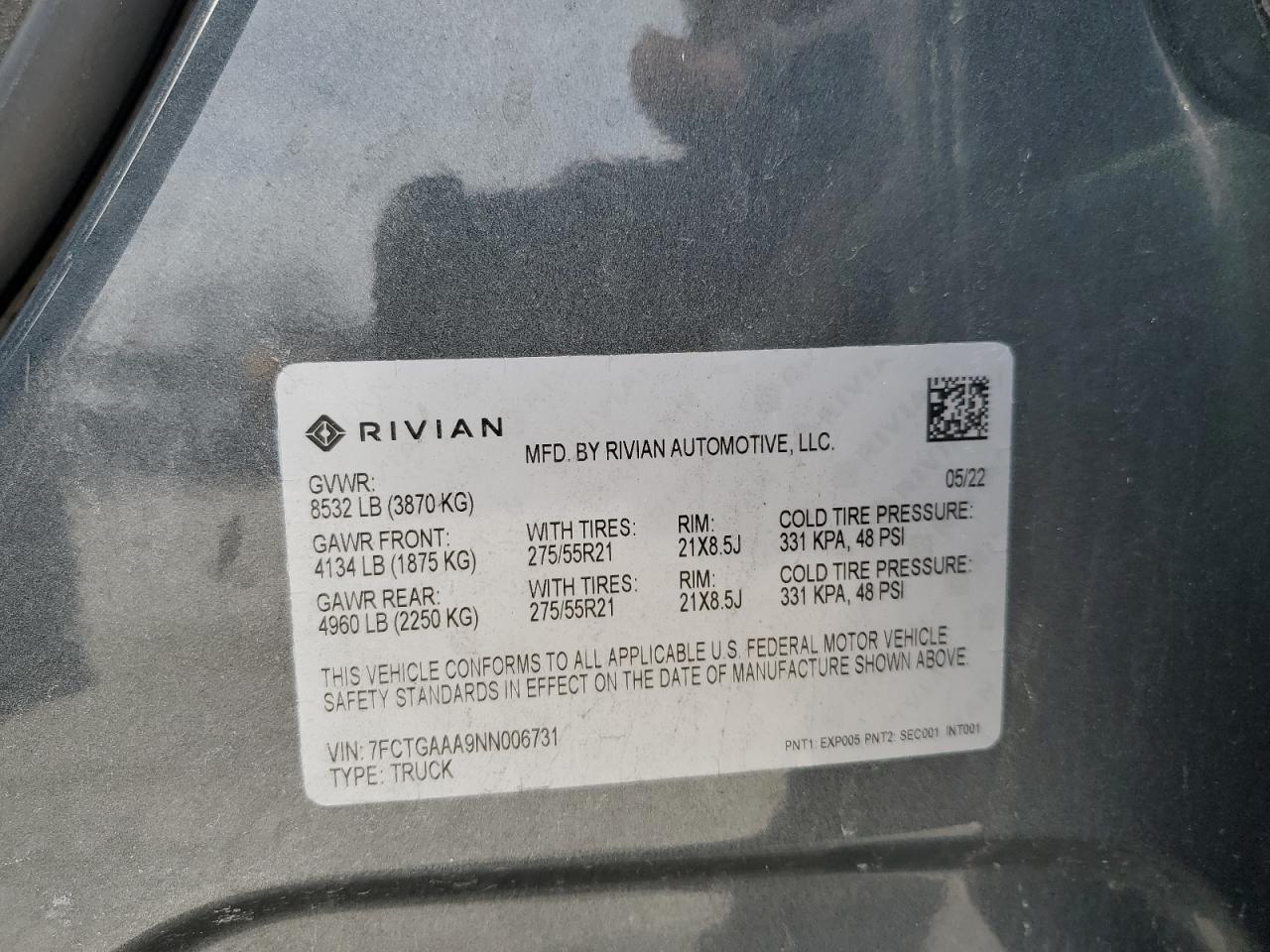 2022 RIVIAN R1T ADVENTURE VIN:7FCTGAAA9NN006731