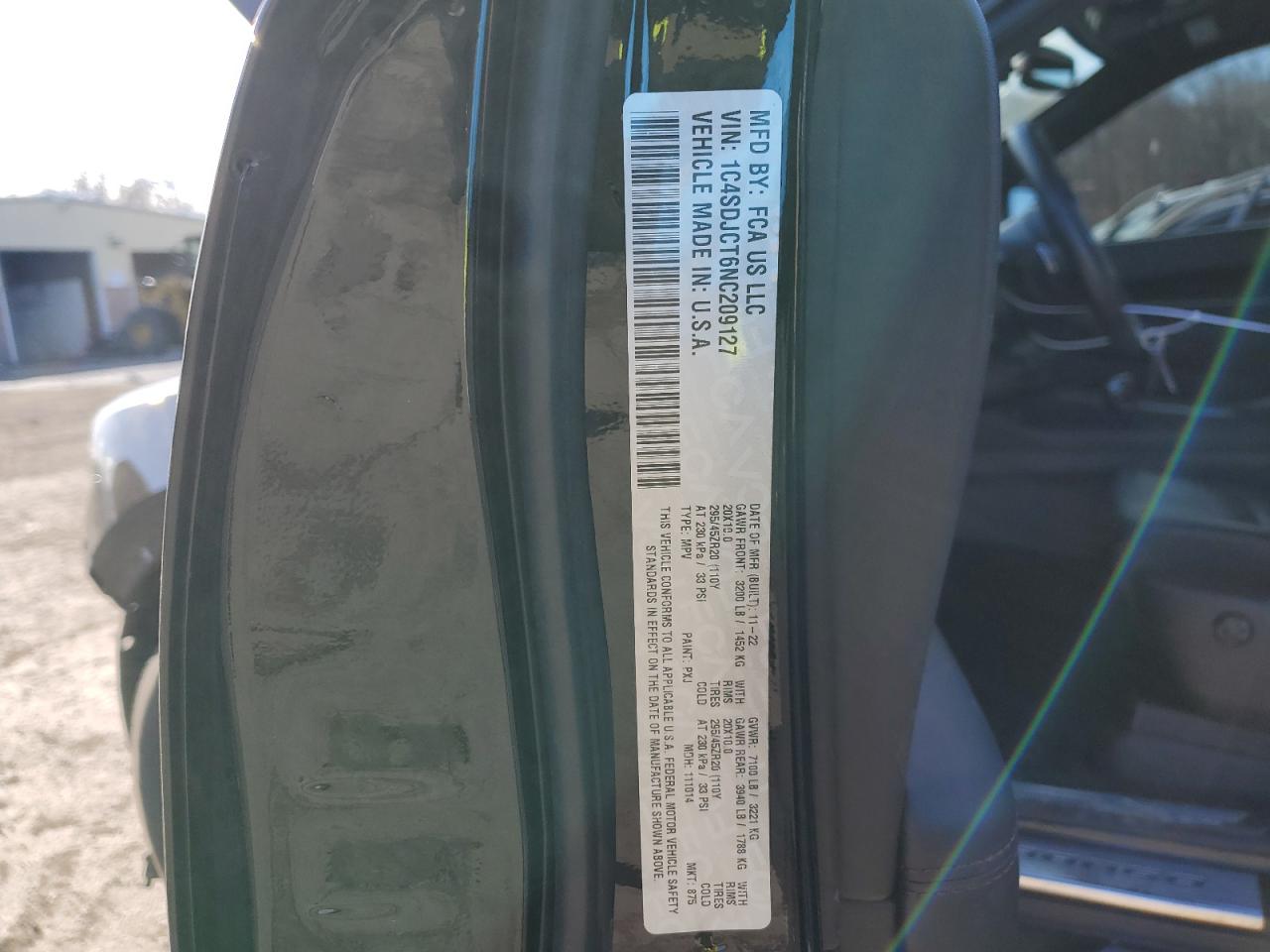 2022 DODGE DURANGO R/T VIN:1C4SDJCT6NC209127