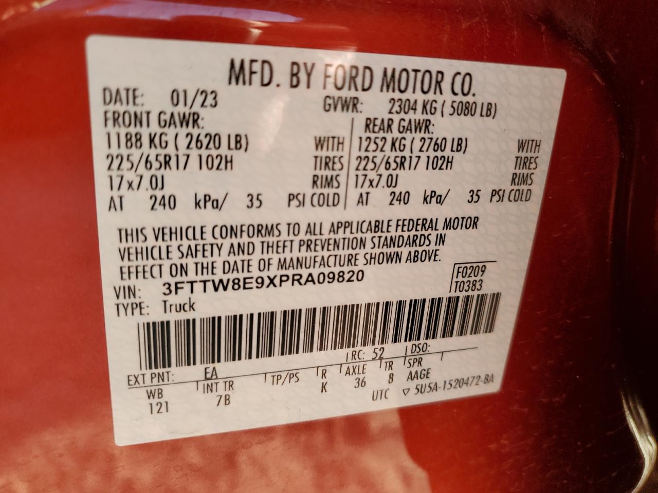 2023 FORD MAVERICK XL VIN:3FTTW8E9XPRA09820