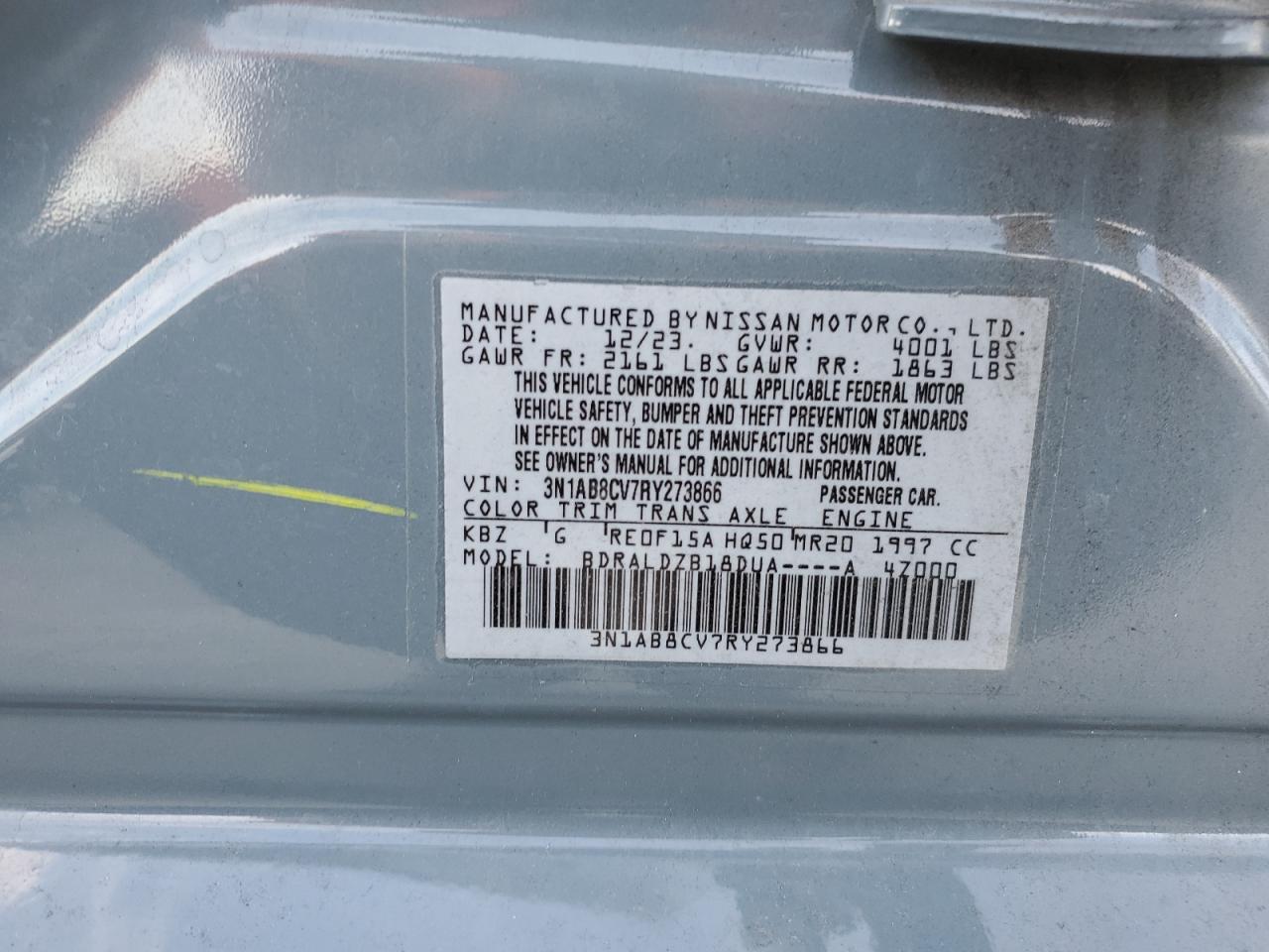 2024 NISSAN SENTRA SV VIN:3N1AB8CV7RY273866