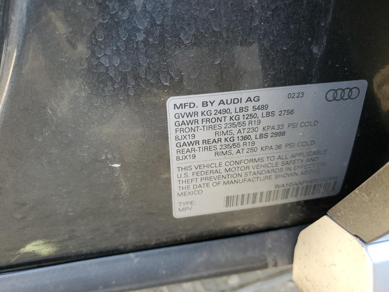 2023 AUDI Q5 PREMIUM 45 VIN:WA1GAAFY4P2102585