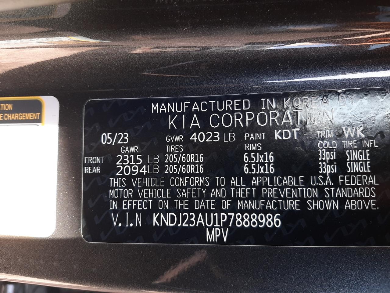 2023 KIA SOUL LX VIN:KNDJ23AU1P7888986