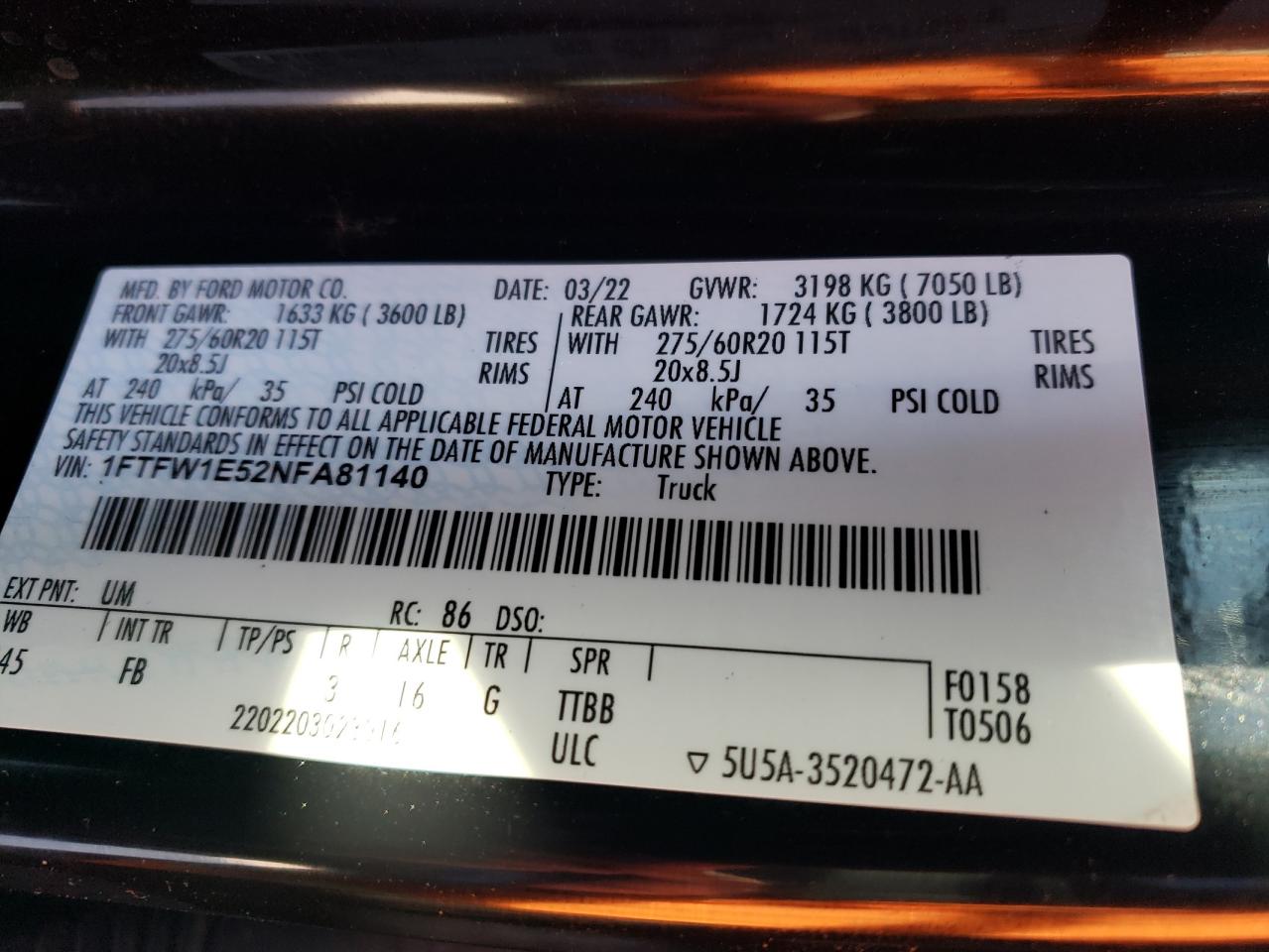 2022 FORD F150 SUPERCREW VIN:1FTFW1E52NFA81140