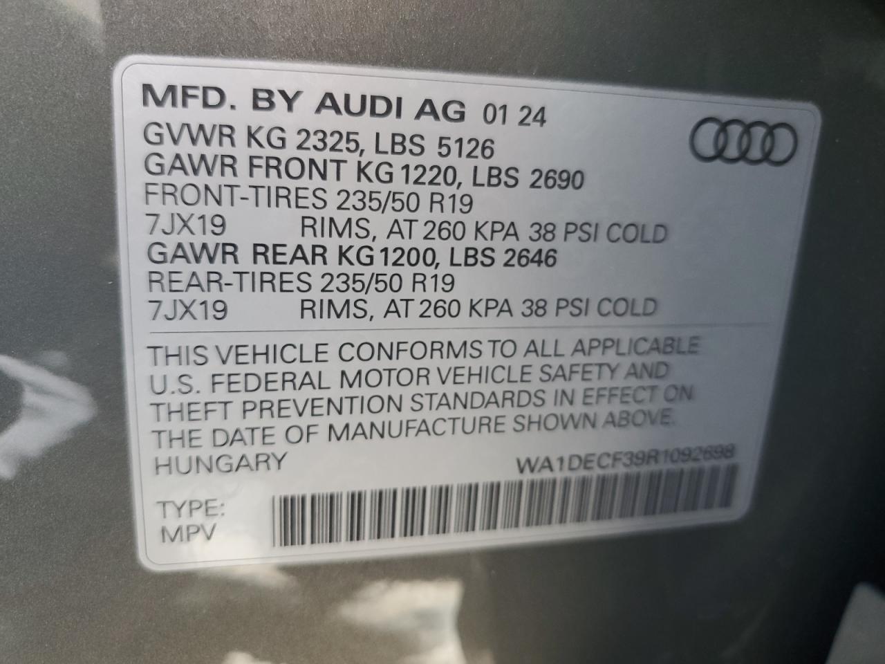 2024 AUDI Q3 PREMIUM S LINE 45 VIN:WA1DECF39R1092698