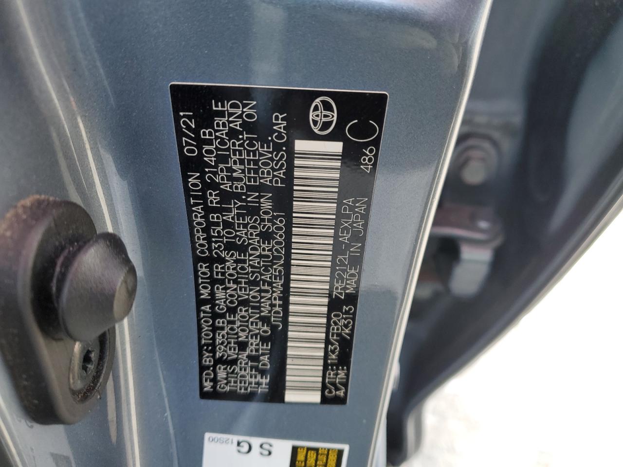 2022 TOYOTA COROLLA LE VIN:JTDHPMAE5NJ206061