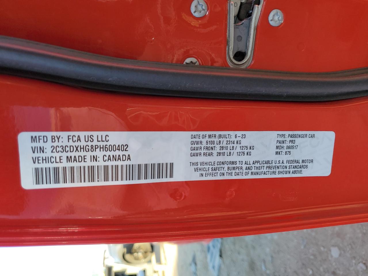 2023 DODGE CHARGER GT VIN:2C3CDXHG8PH600402