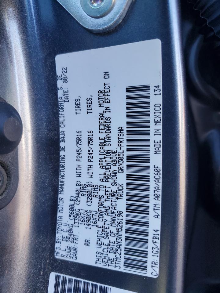 2022 TOYOTA TACOMA DOUBLE CAB VIN:3TMCZ5AN3NM526198