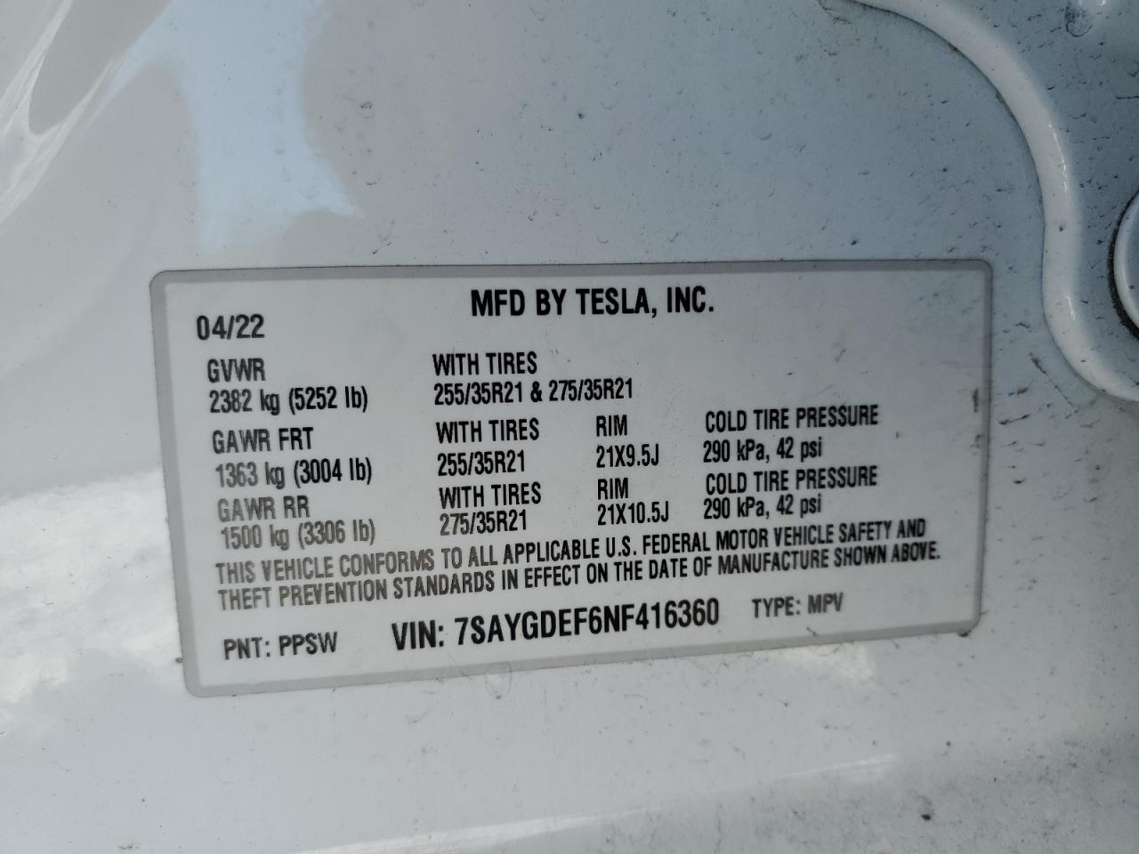 2022 TESLA MODEL Y  VIN:7SAYGDEF6NF416360
