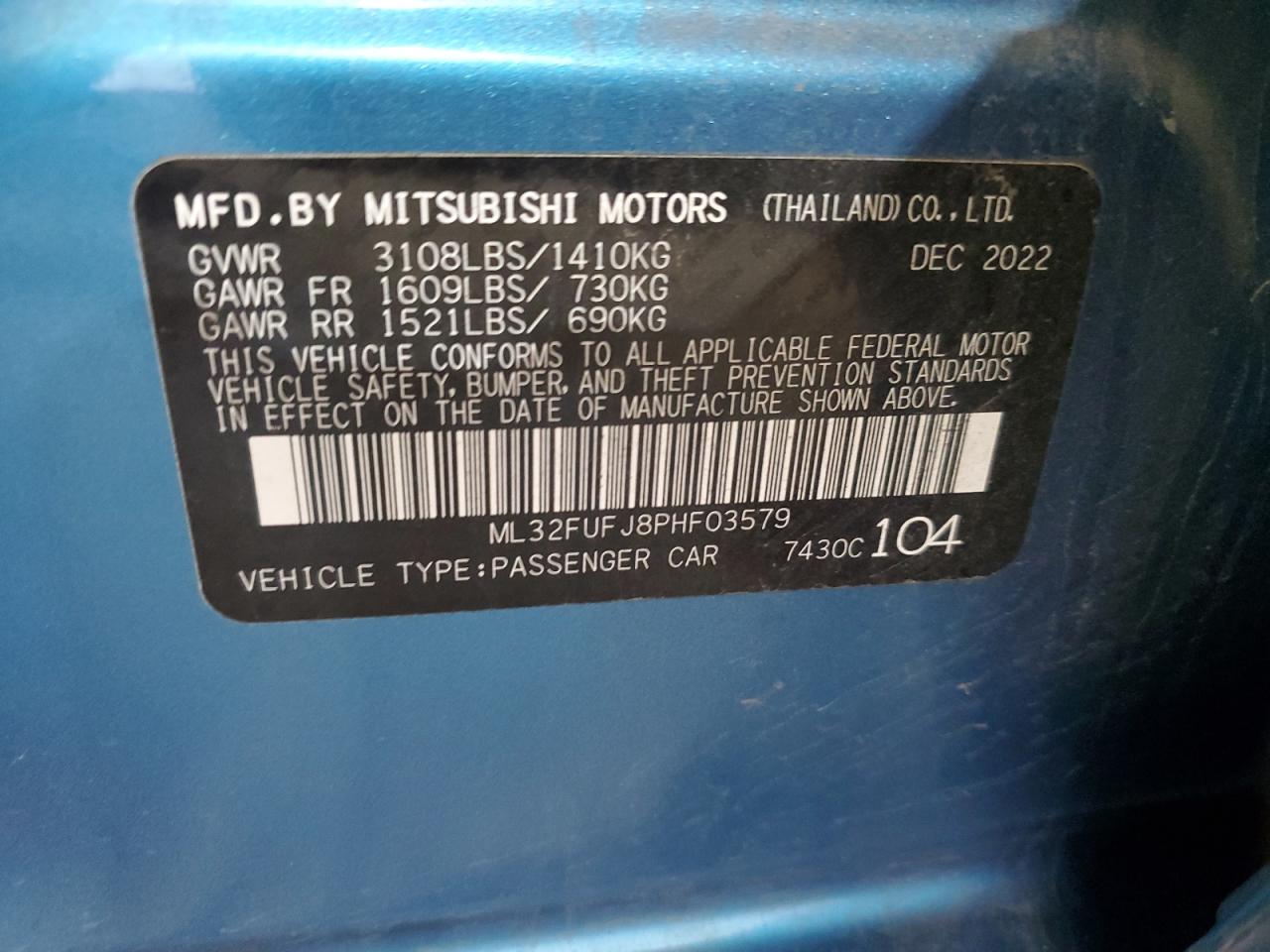 2023 MITSUBISHI MIRAGE G4 ES VIN:ML32FUFJ8PHF03579
